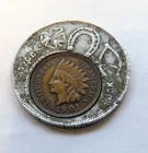 1901 COMPLIMENTS OF SCHILLINGS BEST GOOD LUCK PIECE WITH INDIAN HEAD CENT INLAY