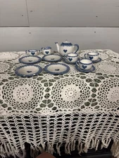 Miniature Spongeware Blue Stoneware Tea Set