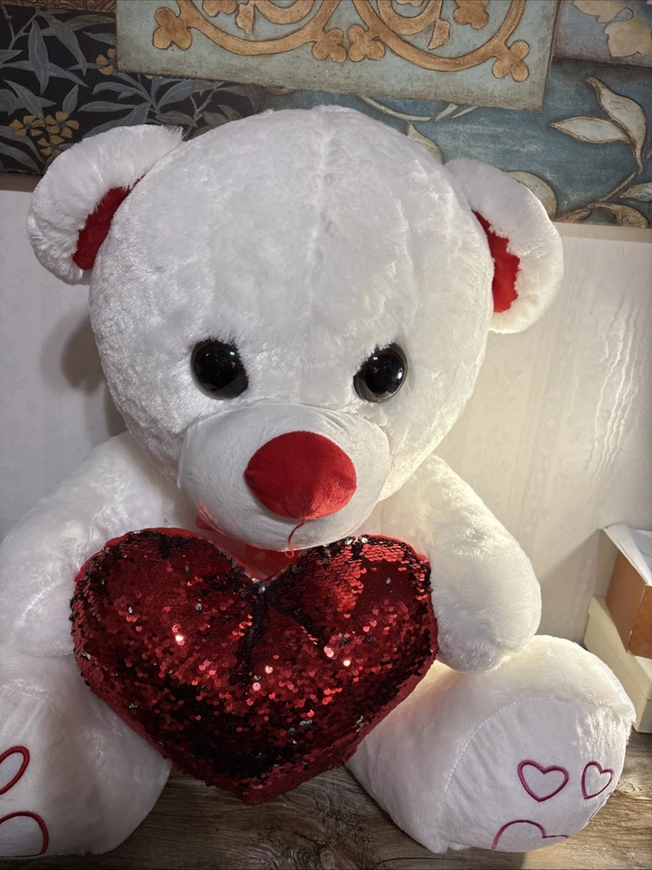 Hug Me Large Teddy Bear Holding Big Red Heart. Eyes Are Shiny Mint white color - Image 2 of 4