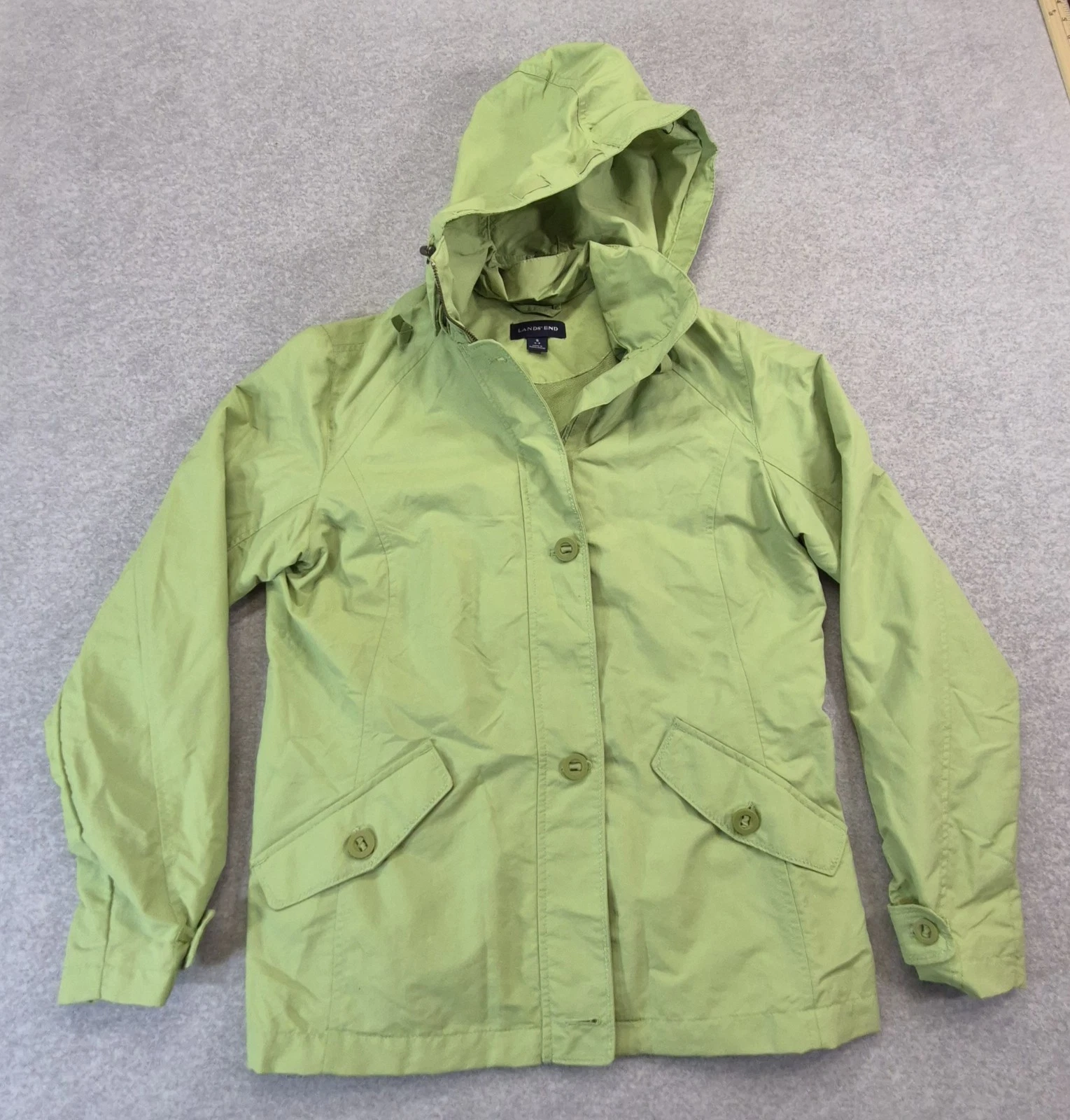 Lands' End Girls Small 6-8 Rain Jacket Lime Green Hooded Waterproof Windbreaker
