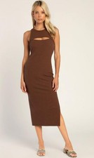LULUS Brown Sz Medium Sleeveless Stretchy Ribbed Bodycon Sexy Cut Out Midi Dress