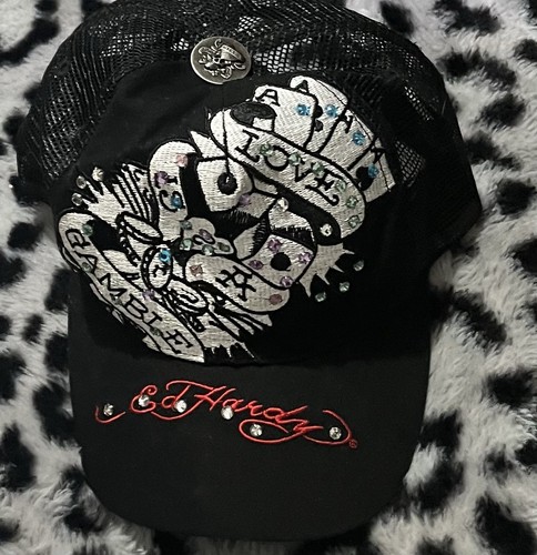 Ed Hardy Rhinestone Hat Vintage Trucker Hat Love Is A Gamble Christian Audigier