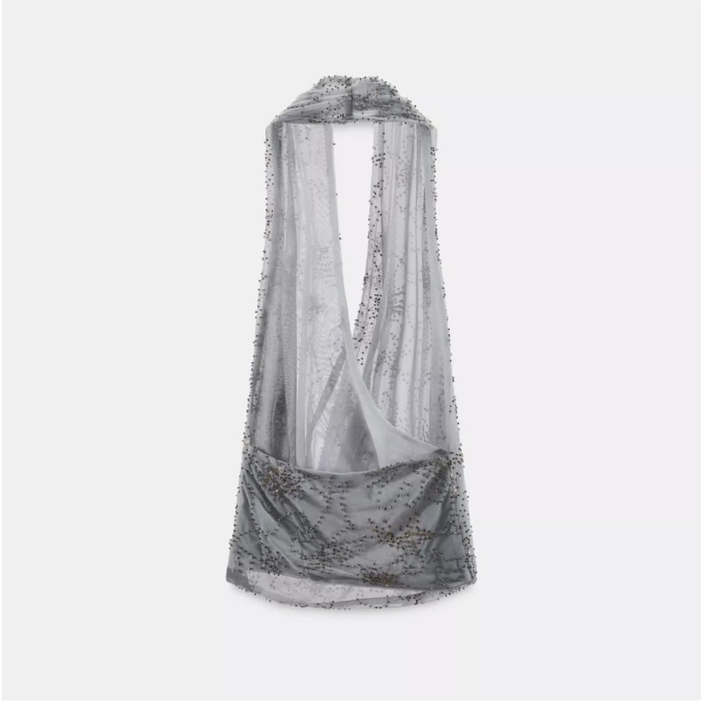 Zara Beaded Embroidered Halter Top Grey Blue L NWT Sold out image 5