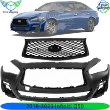 Front Bumper Cover Paintable & Grille Assembly Kit For 2018-2023 Infiniti Q50