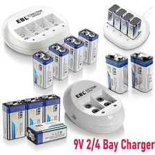 Lot 9V Rechargeable Batteries / 9 Volt Lithium Ni-MH Battery 2/ 4 Bay Charger