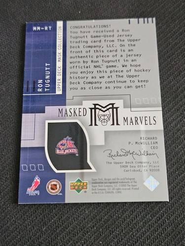2001-02 UPPER DECK UD MASK COLLECTION RON TUGNUTT MM-RT MASKED MARVEL JERSEY - Picture 2 of 2