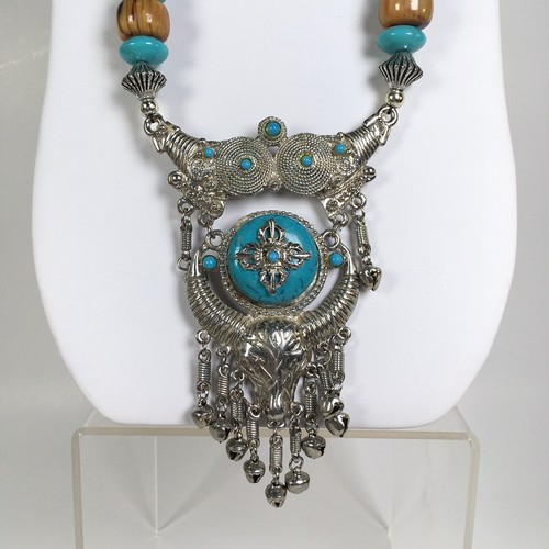 Collar Western Imitación Turquesa Madera Tono Plata Metal Longhorn Calavera Cuentas - Imagen 1 de 5