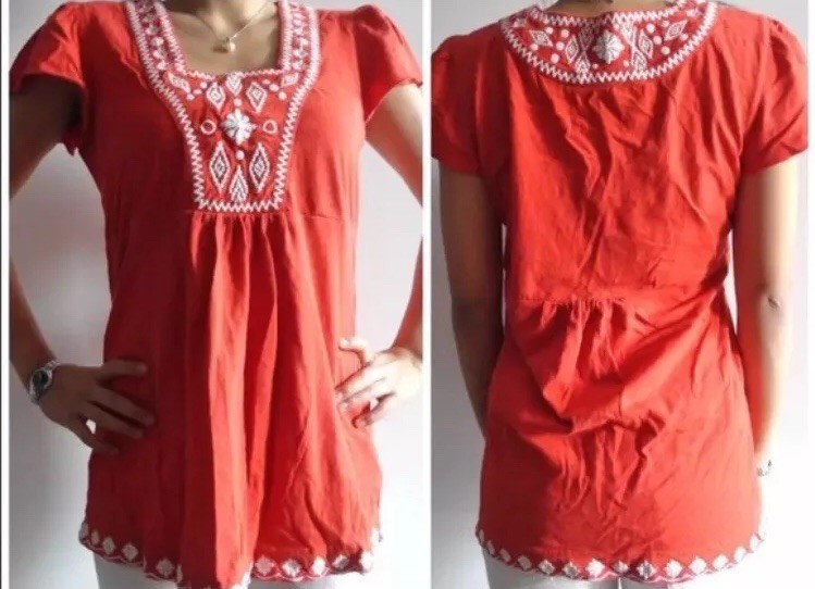 Orange Red White Geometric Diamond Aztec Blouse Shirt Top Size Small S Medium M