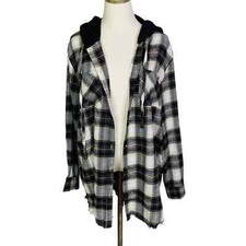 Plaid Flannel Medium Weight Shacket w/ Hoodie SMALL Plaid Fray Hem Fall Casual S