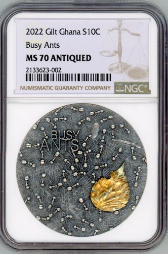 2022 Ghana Busy Ants 2 oz Antique finish Silver Coin 10 Cedis Republic of NGC 70