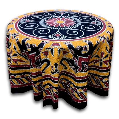 India Arts Elephant Batik Cotton Tablecloth Round 90 inches Gold Wine Red Black