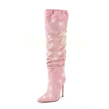 Pink Fashion Fall Rhinestone Over The Knee Boots for Women Pull on High Heels Sz