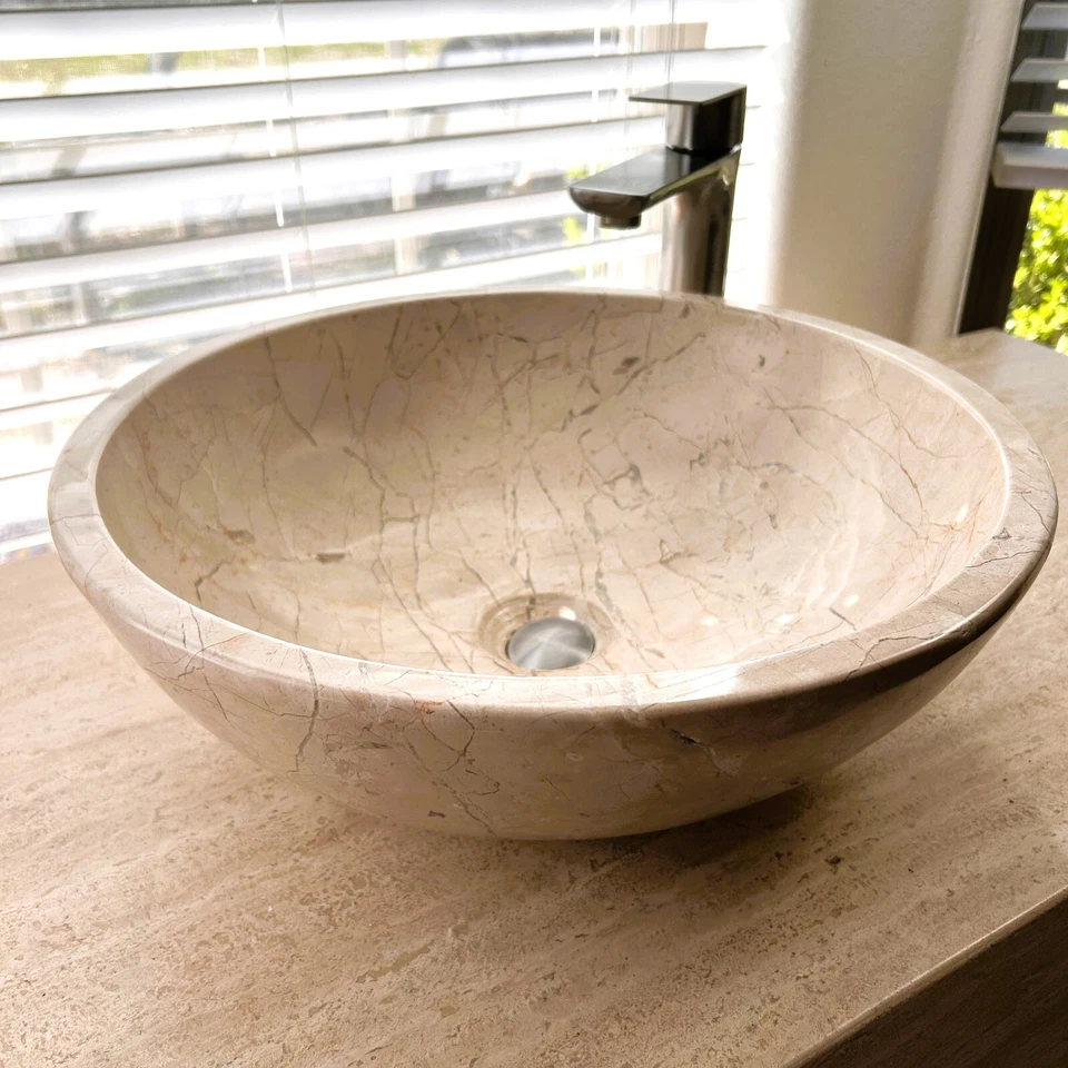 Hermoso fregadero de travertino de mármol estilo moderno hecho a mano, fregadero redondo de mármol Foto 4 de 4
