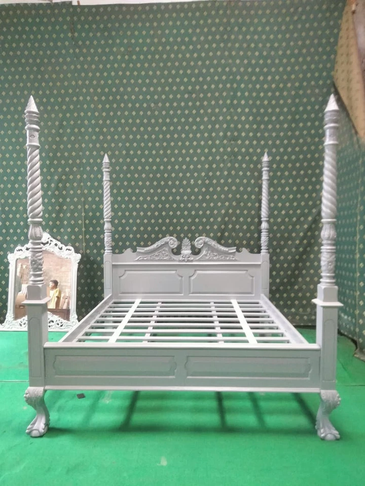 Reino Unido Super King talla GRIS Queen Anne estilo Hancraftado cuatro carteles cama alfiler caoba Foto 2 de 4