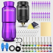 Wormhole Tattoo Pen Gun WIRELESS Machine Kit Power Supply Cartridge Needles INKS