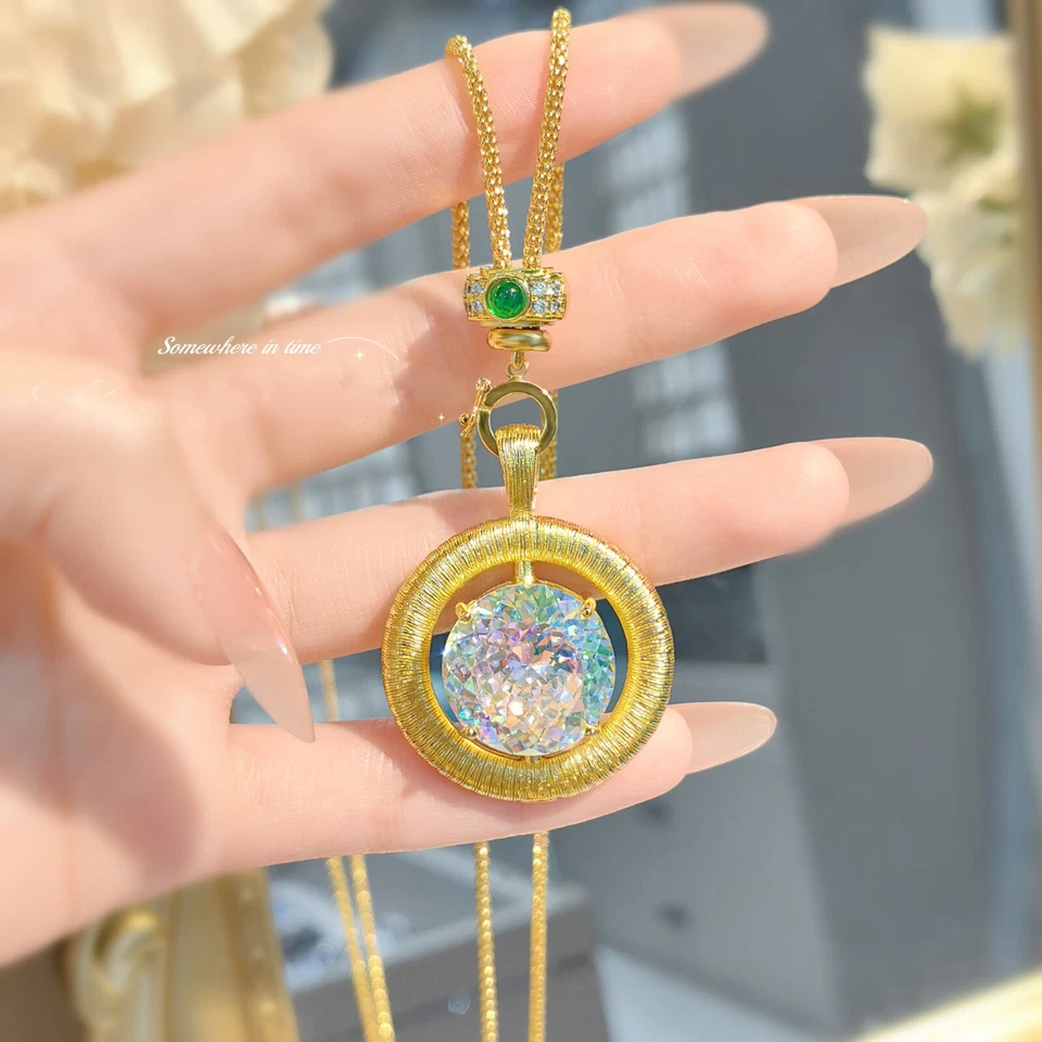 New italian Double Inlay Rainbow Mystic Topaz Gemstone Charm Women Gold Necklace - Image 3 of 4