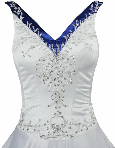 Elegant A-Line Wedding Dresses V-Neck Satin Embroidery Beaded Bridal Gowns - Picture 23 of 32