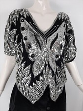 Vintage Silk Rayon Butterfly Sequin 70's Disco Top Black and Silver One Size