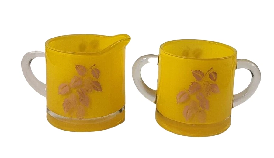 Винтажная сахарница и сливочник из желтого стекла с золотыми листьями прозрачные ручки 3 дюйма - Изображение 3 из 4