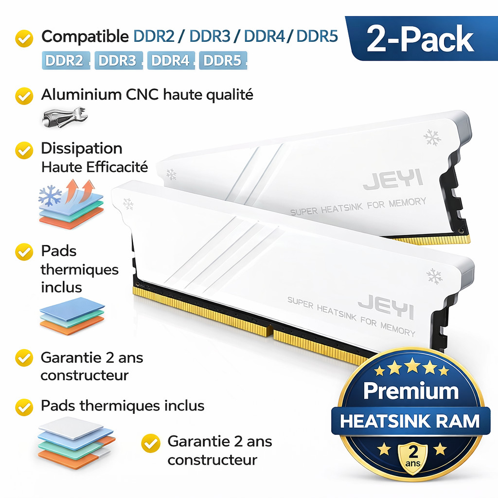 Heatsink RAM DDR5 DDR3 JEYI blanc - Refroidisseur thermique mémoire PC de bureau