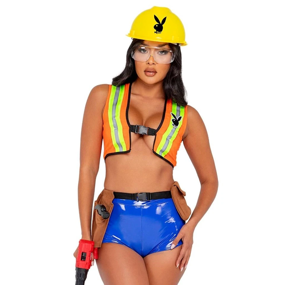 Playboy Construction Worker Costume Vest Shorts Tool Belt Hard Hat PB143D Small - Image 2 of 4