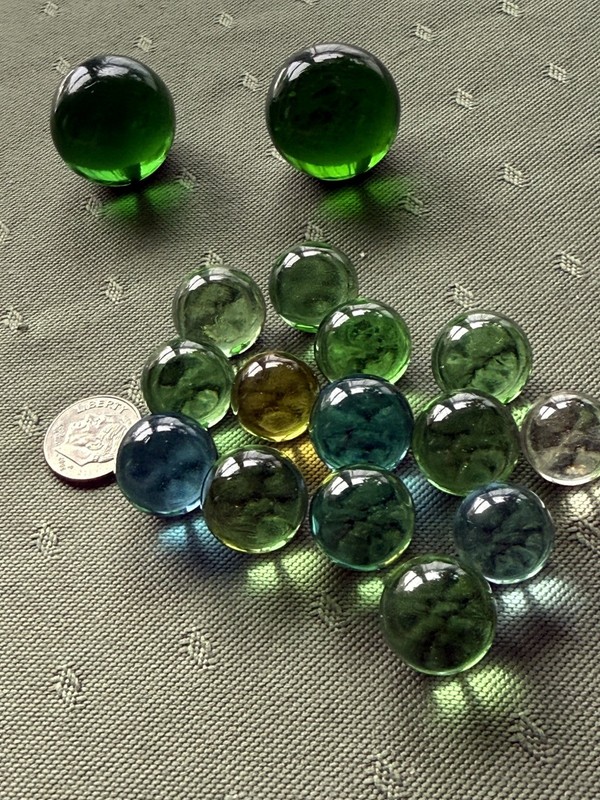 16 Vintage Purie Marbles -  Clear Emerald Green & Light Green Blue & Shooters. 