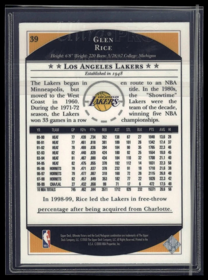 1999-00 Upper Deck Ultimate Victory #39 Glen Rice - Image 2 of 2