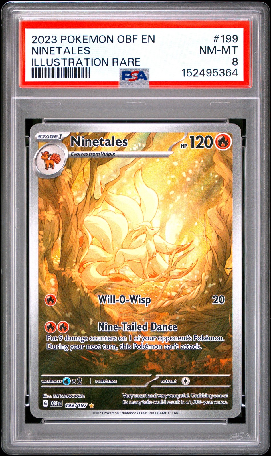 2023 POKEMON OBF EN-OBSIDIAN FLAMES ILLUSTRATION RARE #199 NINETALES PSA 8