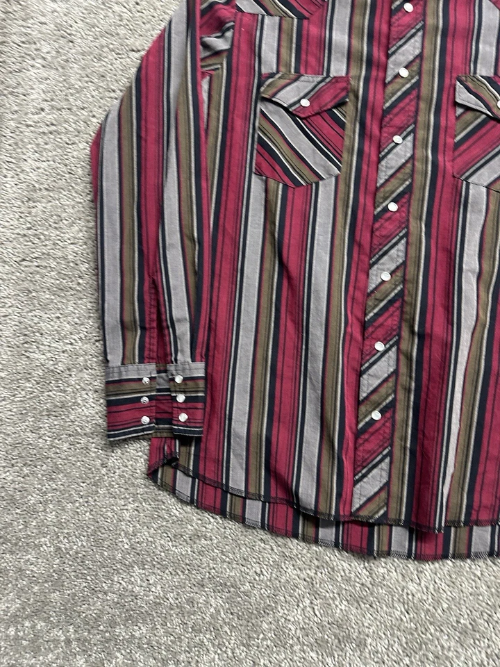 VTG Wrangler Pearl Snap Cowboy Shirt Men’s 23.5x32 Red Blue Stripe Rodeo Western - Image 2 of 4