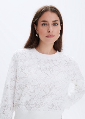 CHRLDR All Over Heart Crochet Lace Round Neck Sweater Women Size S White Top