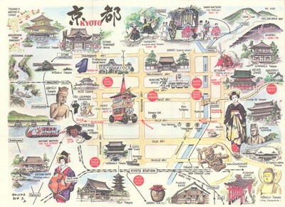 Kyoto Tourenkarte Bildlicher Stadtplan von KBS Enterprise/All Kansai Kabelfernsehen 1977