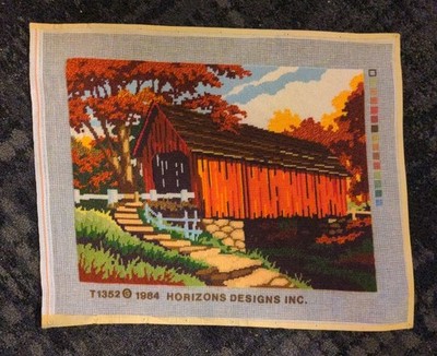 Vintage Unframed Needlepoint Covered Bridge Fall Colors 16x12  1984 Horizons 