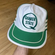 VTG 80s Quaker State Q White Green 3 Striped Trucker Snapback Hat Cap Oil USA