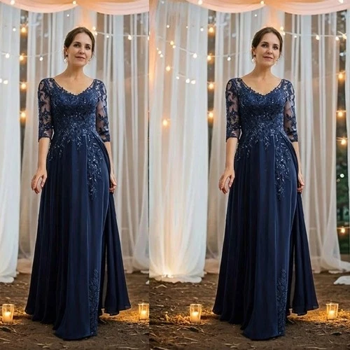 Mother of the Bride 连衣裙海军蓝 V 领 3/4 袖婚礼晚礼服 - 第 1/11 张图片