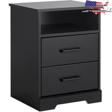 Rustic Farmhouse Nightstand Bedside Table W/ 2 Drawers Open Shelf Black New