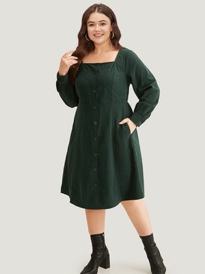 BloomChic Green Corduroy Button Front Long Sleeve Knee Length Plus Size Dress U 