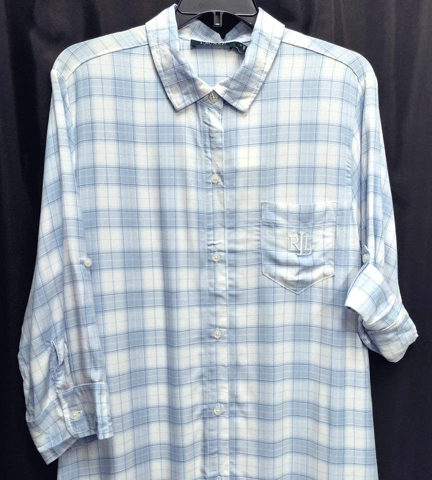 Camisón M Lauren Ralph Lauren Monograma Botón Frontal Pestaña Enrollable Cuadros Foto 3 de 4