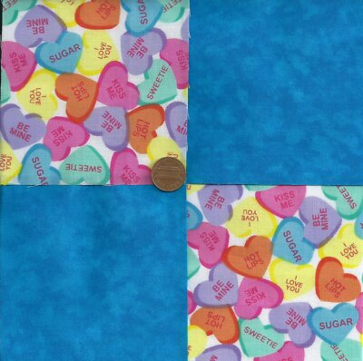 Candy Hearts Sugar Sweet Be Mine Blue Fabric Quilt Craft Squares ZC1