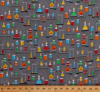 Chemistry Lab Experiments Science Fair 2 Gray Cotton Fabric Print BTY D759.31 