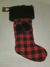 ADIRONDACK LOUNGE BUFFALO CHECK HOLIDAY STOCKING BLACKTOP  TWO HANGING POM POMS