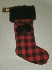 ADIRONDACK LOUNGE BUFFALO CHECK HOLIDAY STOCKING BLACKTOP & TWO HANGING POM POMS