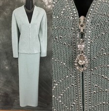 STUNNING St John evening knit green rhinestones embellished skirt suit 10 12