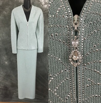 Ensemble Tailleur St. John Knits – Ice Silver Sequin Eyelash Tweed – Taille 10 – Neuf