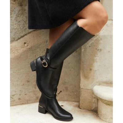 LINZI LADIES FAUX LEATHER ZIP STRETCH CALF RIDING FASHION MID HEEL BUCKLE BOOTS SIZE