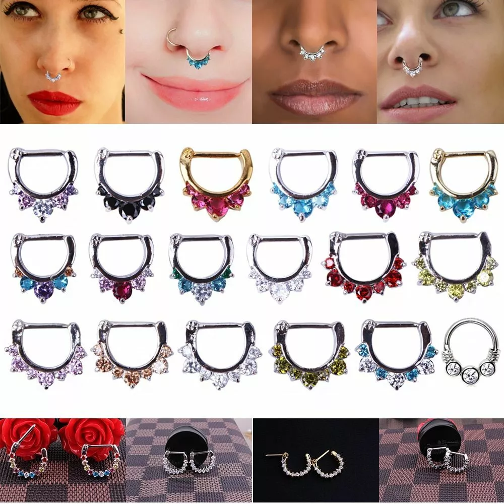 Amazon.com: SCERRING Fake Septum Nose Hoop Rings Stainless Steel Faux Lip  Ear Nose Septum Ring Non Piercing Clip On Nose Hoop Rings Body Piercing  Jewelry Clear CZ 15PCS Black : Clothing, Shoes