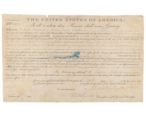 President Andrew Jackson Signed Alabama Land Grant after Indian Removal Act JSA - 第 2/5 張圖片