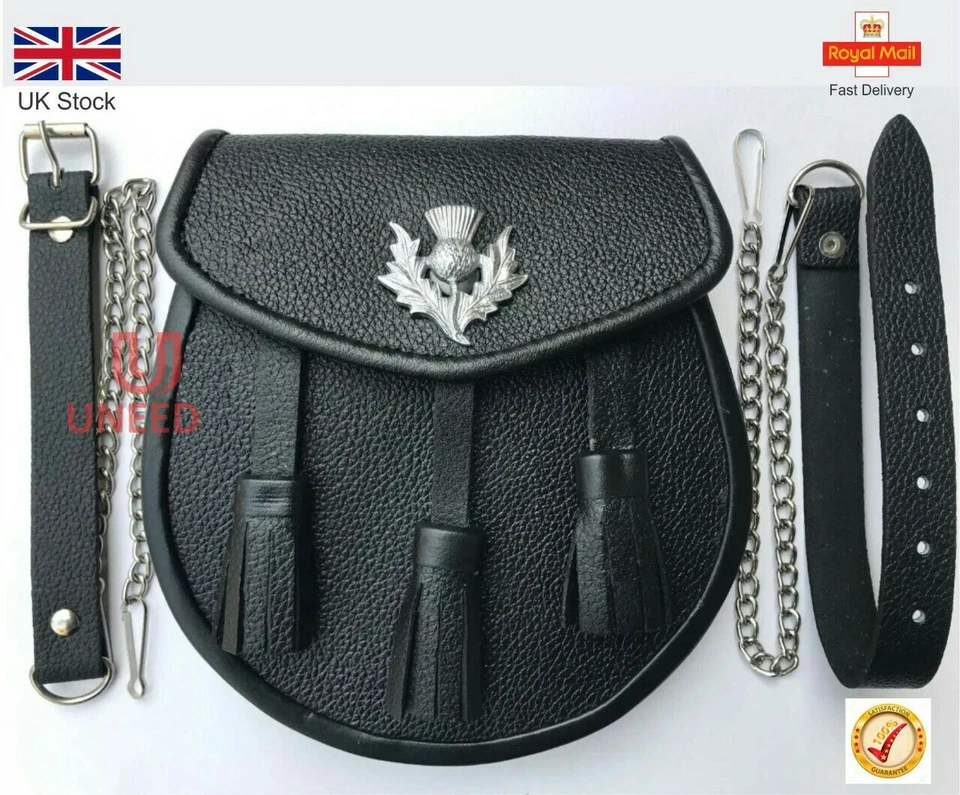 3 TASSELS & THISTLE SCOTTISH KILT SPORRAN REAL BLACK COWHIDE LEATHER + BELT 01 - Image 2 of 4