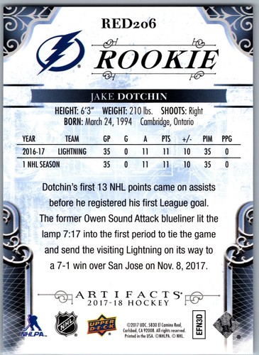 17-18 ARTIFACTS ROOKIE - JAKE DOTCHIN RC /799 #RED206 TAMPA BAY LIGHTNING - Picture 2 of 2