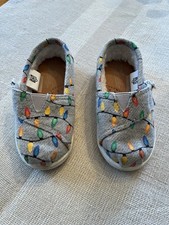 TOMS Girls Slip-On Flats Gray/Multicolor Christmas Lights Faux Fur Lined US 7