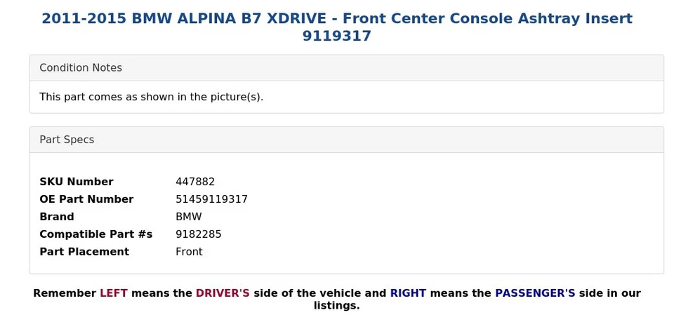 BMW ALPINA B7 XDRIVE 2011-2015 - Inserto de cenicero consola central delantera 9119317 Foto 3 de 4